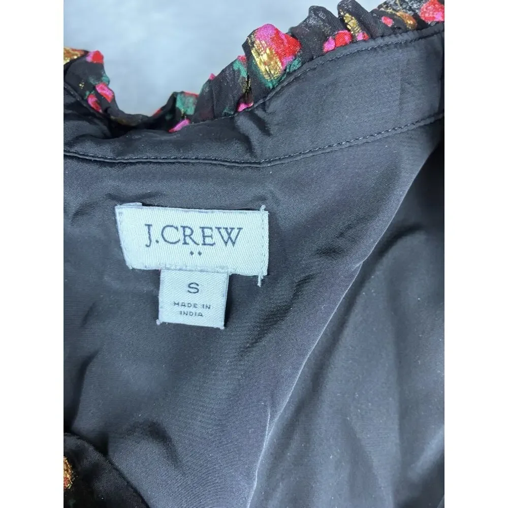 J.Crew Women’s Small Black Floral Metallic Gold Ruffle Sleeve Blouse Feminine
